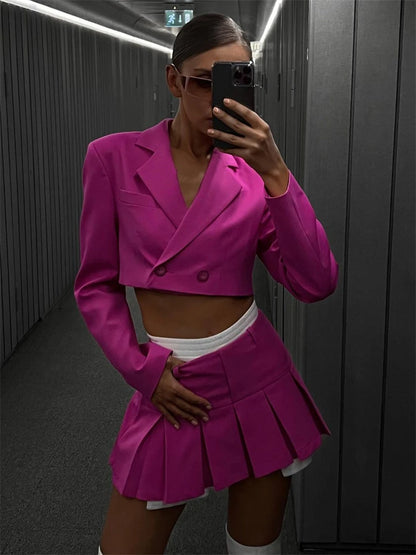 Blazer and Skirt Sets for Two Piece Set Outfits Gray Cropped Coat Blazer Femme 2-piece Sets New