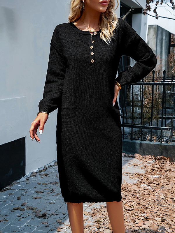 Long Sleeves Loose Buttoned Round-neck Midi Dresses Sweater Dresses