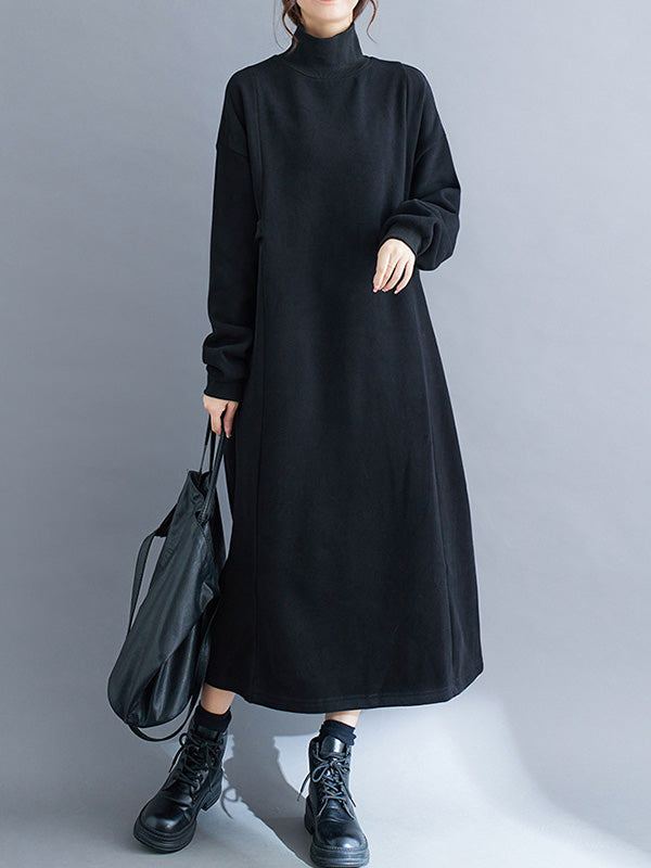A-line Long Sleeves Color Mock Neck Midi Dresses