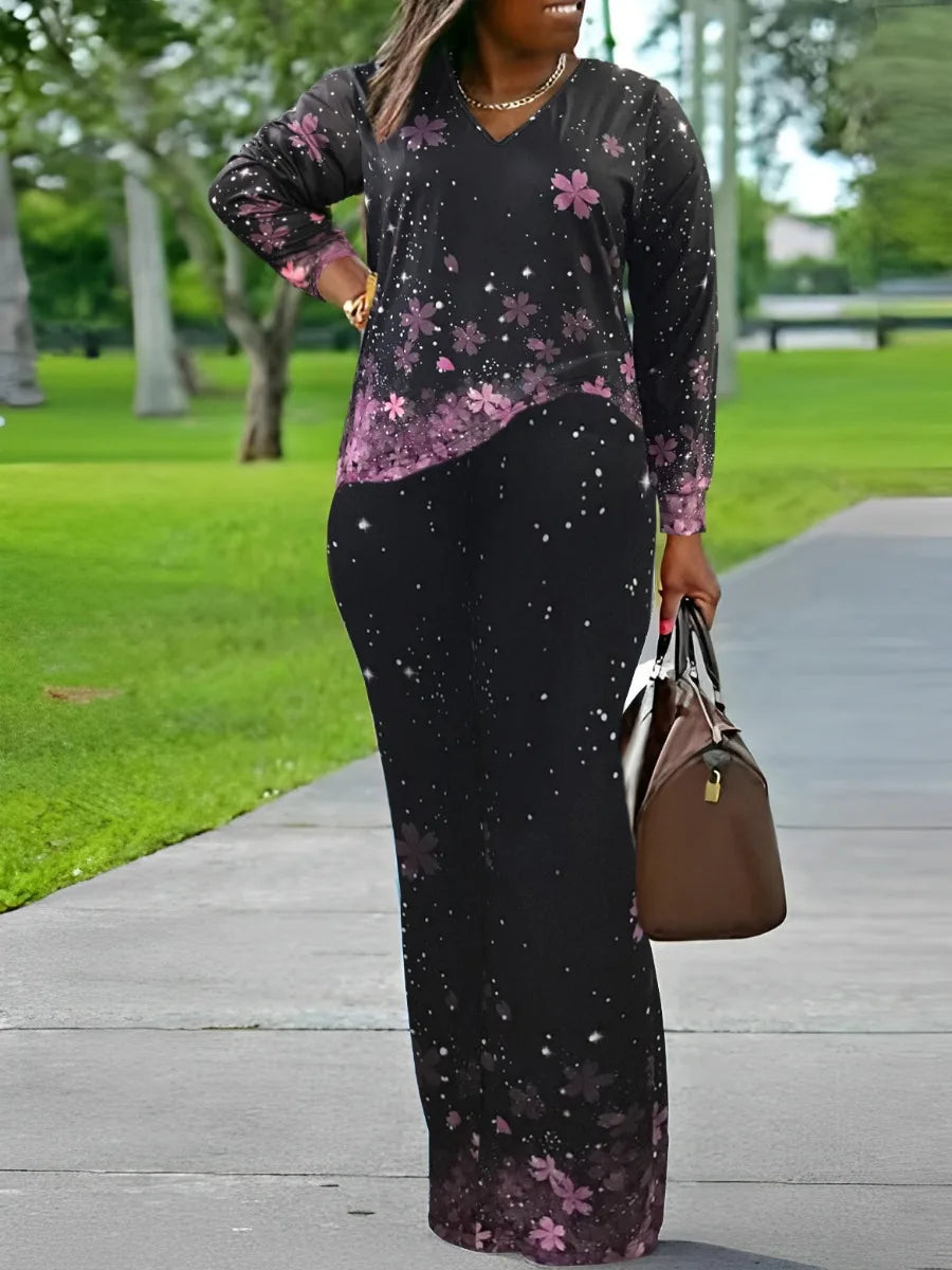 V Neck Mixed Print Side Split Pants Set Long Sleeve Top Loose Two Piece Set Outfit