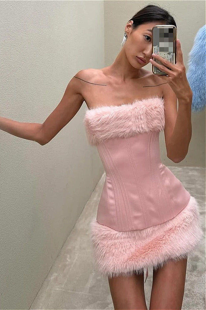 Fuzzy Paneled Tie Waist Mini Dresses