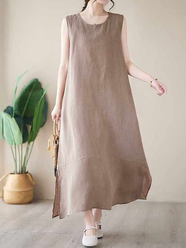 A-line Loose Color Round-neck Midi Dresses