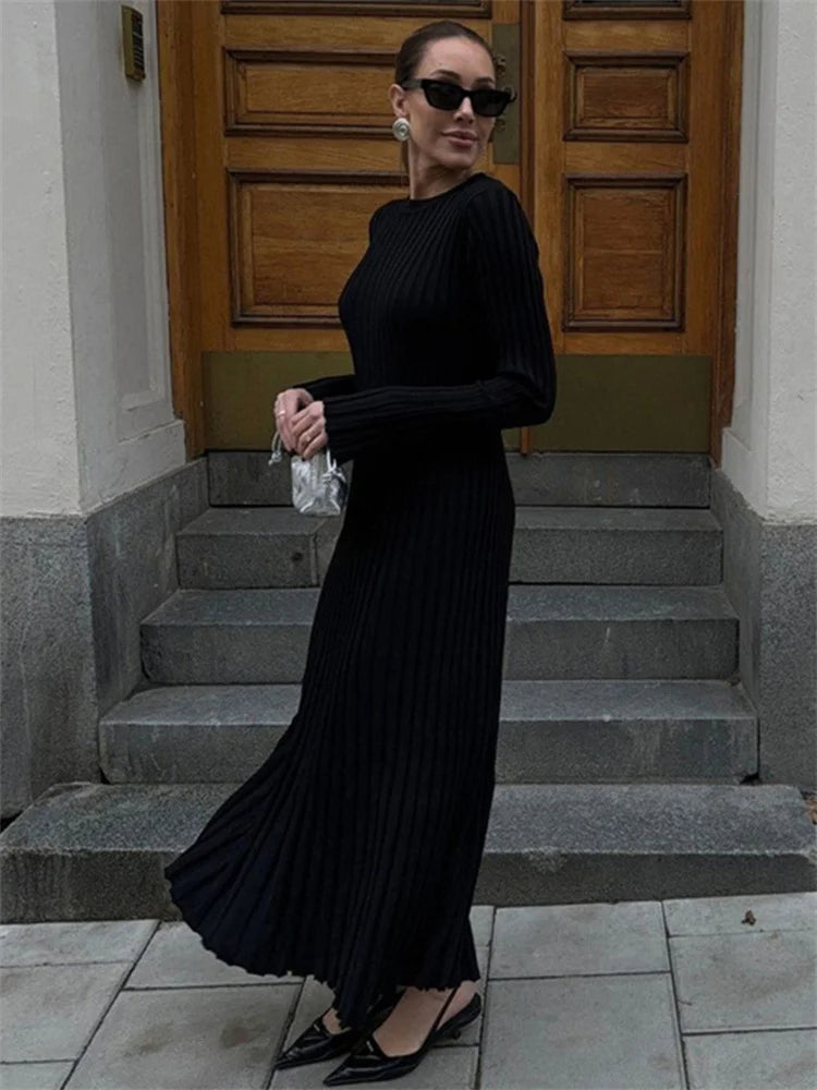 Black Autumn Knitwear Maxi Dress ’s Ribbed Loose Patchwork High Waist Dress Femal Bodycon Knit Dress