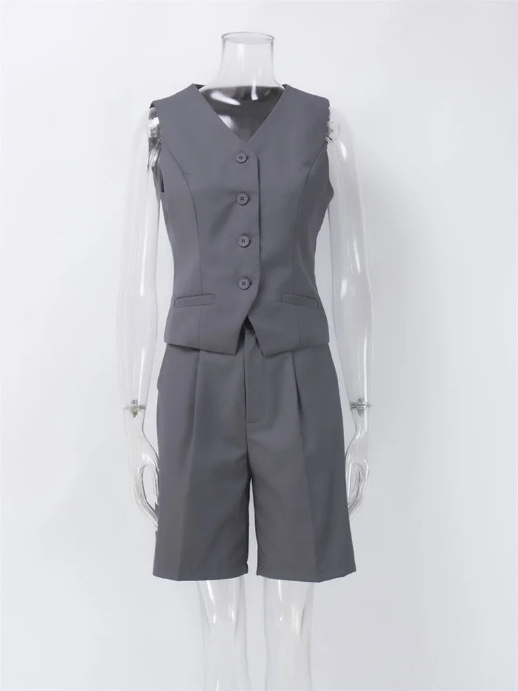 V-neck Sleeveless Female 2 Piece-set Slim Straight Trousers Pocket High Street Outfits Shorts Sets