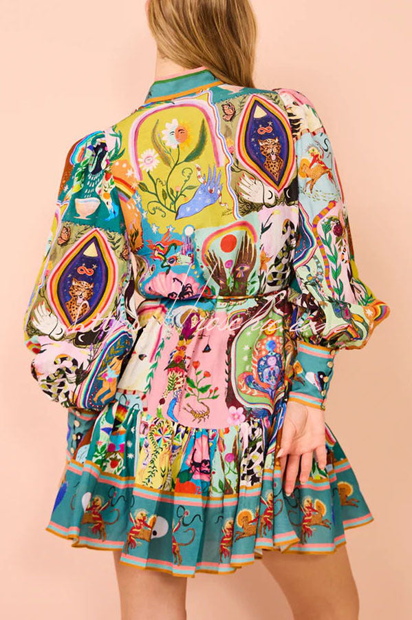 Touch of Unique Print Balloon Sleeve Button Shirt Mini Dress