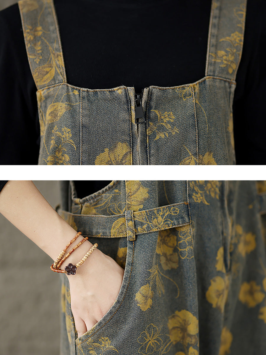 Autumn Retro Flower Zipper Denim Jumpsuits Ax1002