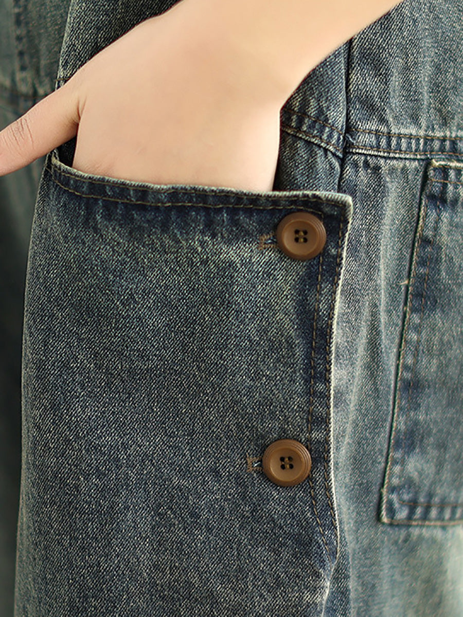 Retro Patchwork Loose Washed Denim Jumpsuits Ah1080