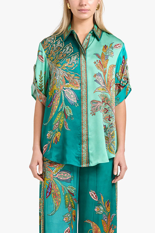 Roll Up Short Sleeves Shirt and Wide Leg Pants Printed Satin Set