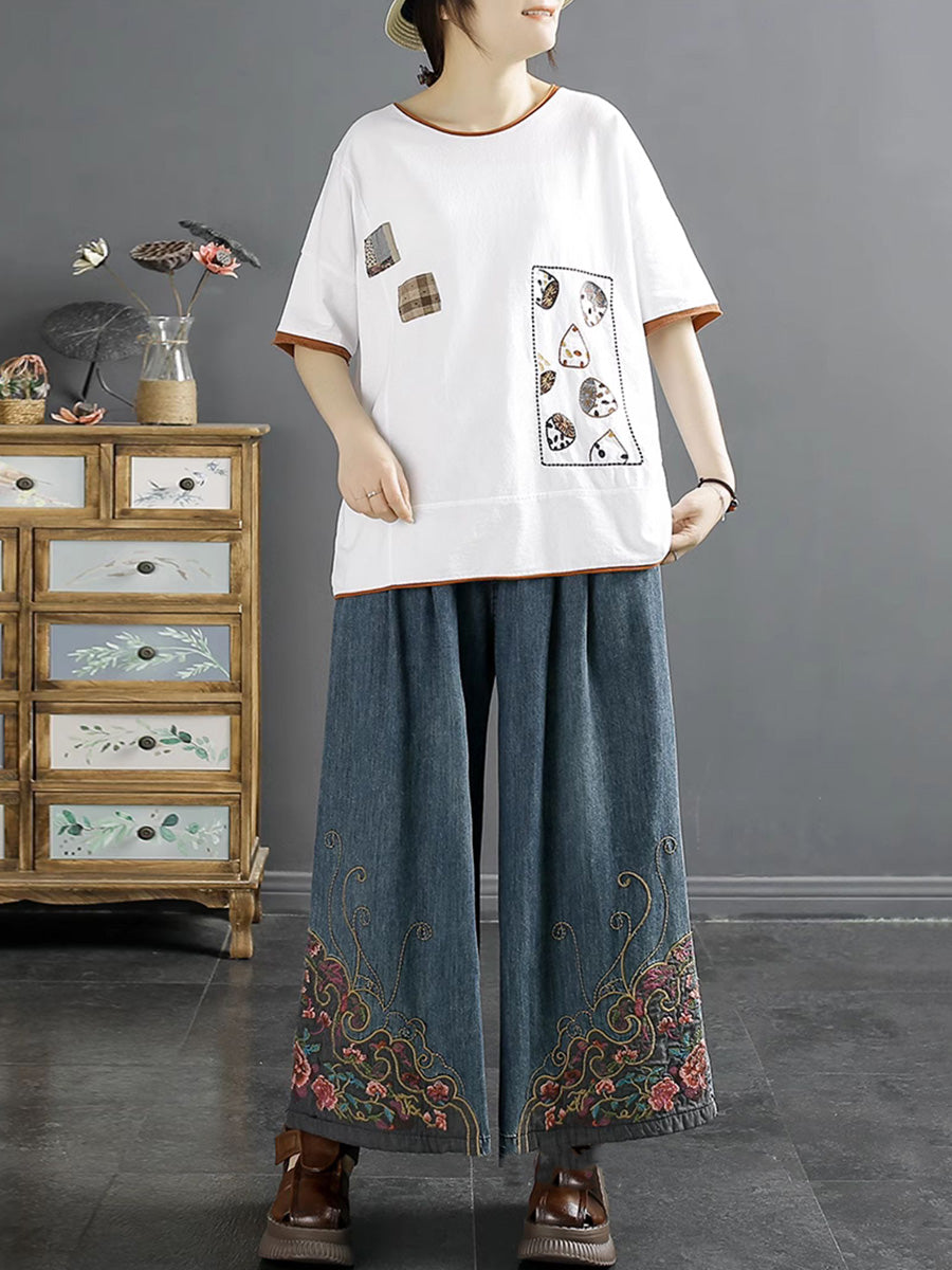 Summer Embroidery Wide-leg Denim Pants Kl1007