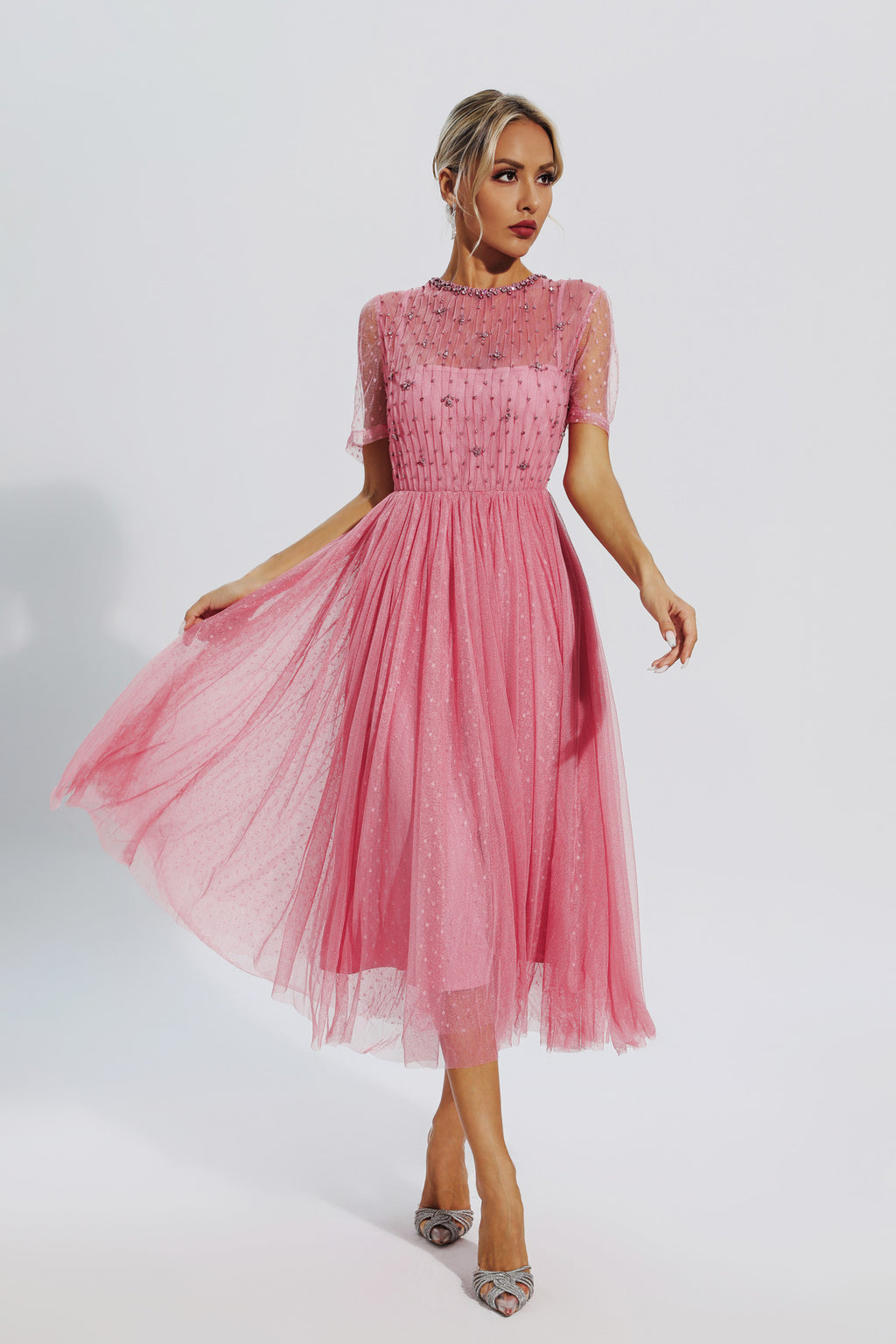 Clementine Pink Mesh Diamond Midi Dress