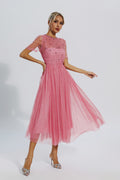 Clementine Pink Mesh Diamond Midi Dress