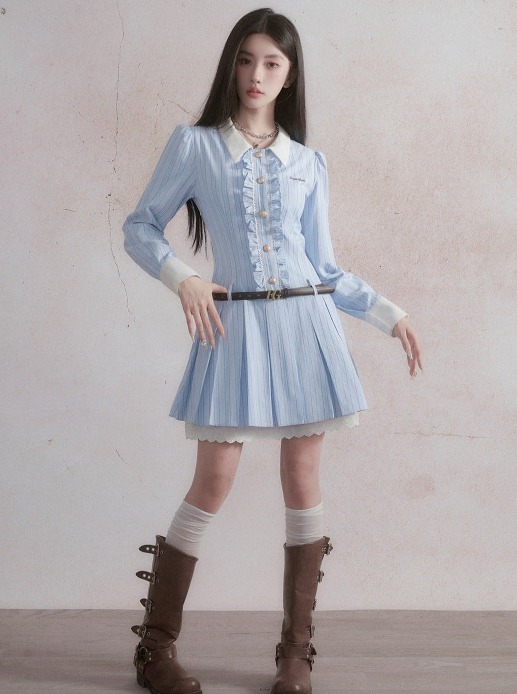 -inspired Ruffled Chambray Mini Dress With Belt
