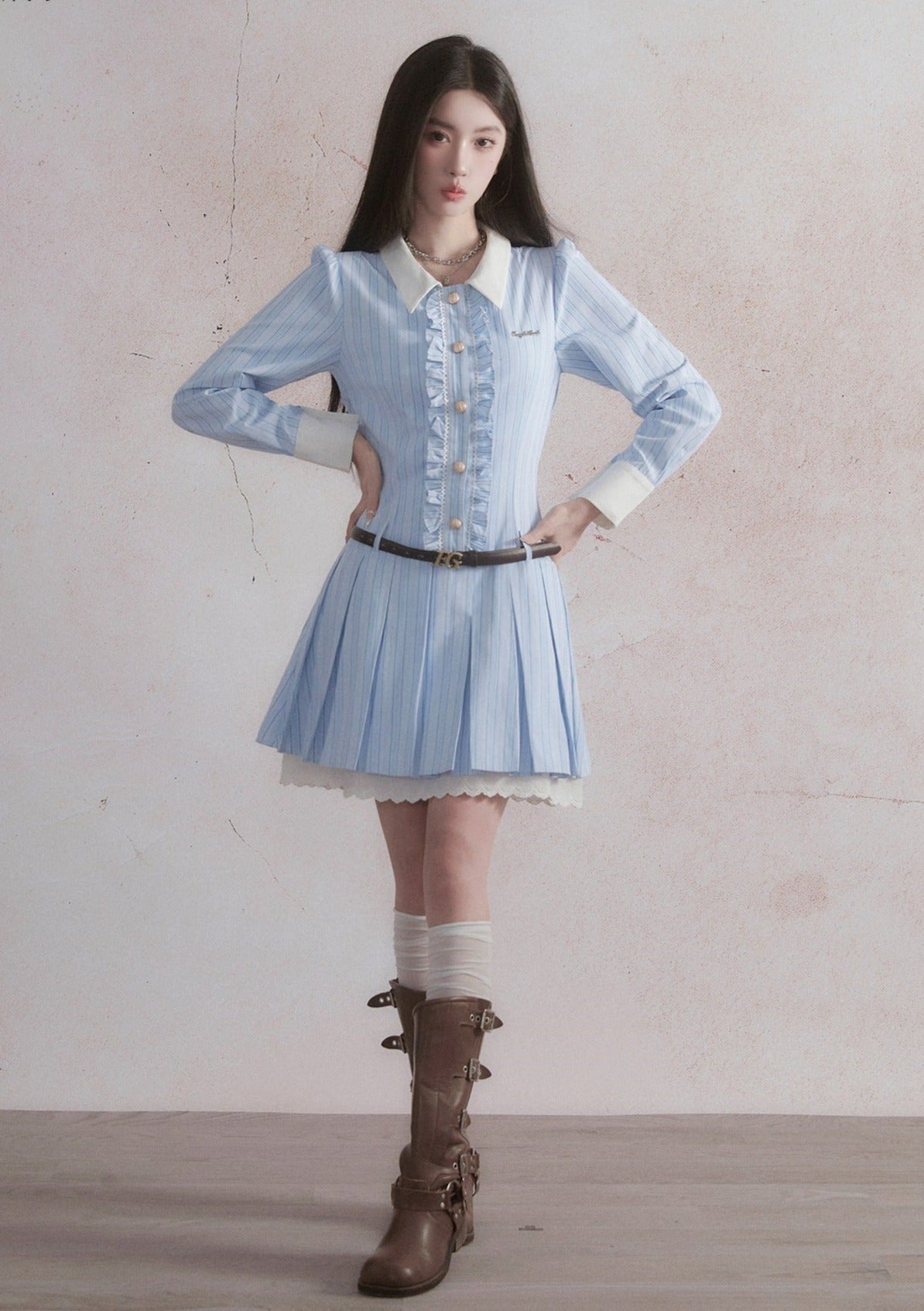 -inspired Ruffled Chambray Mini Dress With Belt
