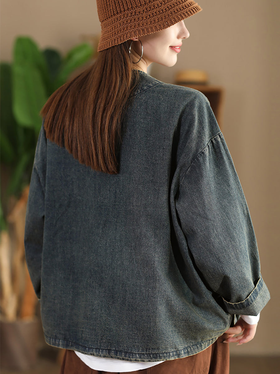 Autumn Pure Color V-neck Denim Coat At1039