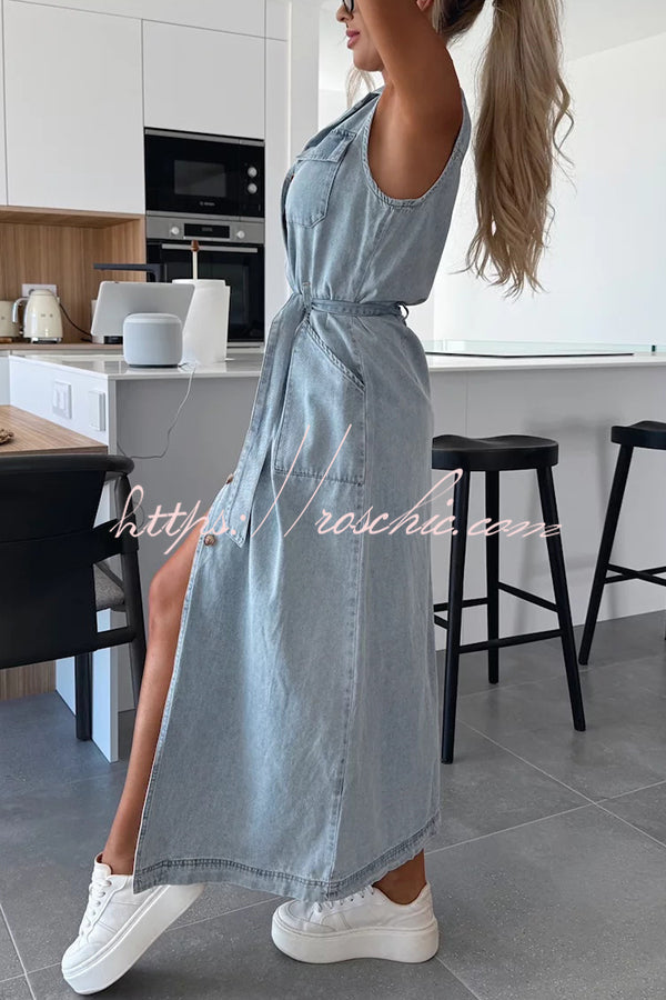Color Sleeveless Single Breasted Waist Tie Pocket Denim Midi Dress