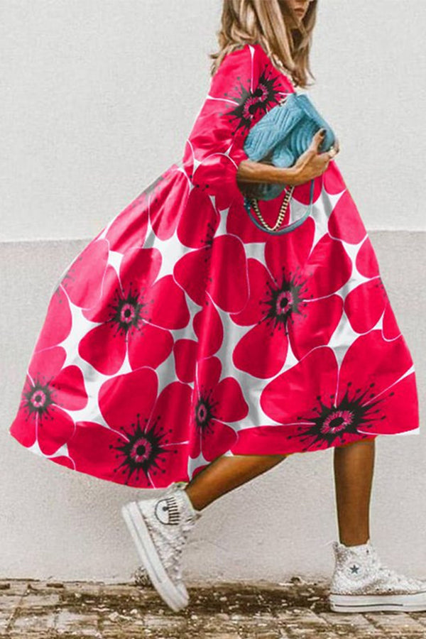 Print High Low Hem A-line Midi Dress