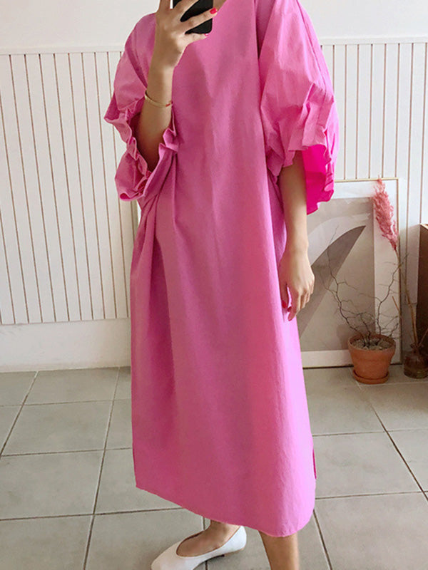 Causal Pleated Raglan Sleeve V-neck Midi Dress