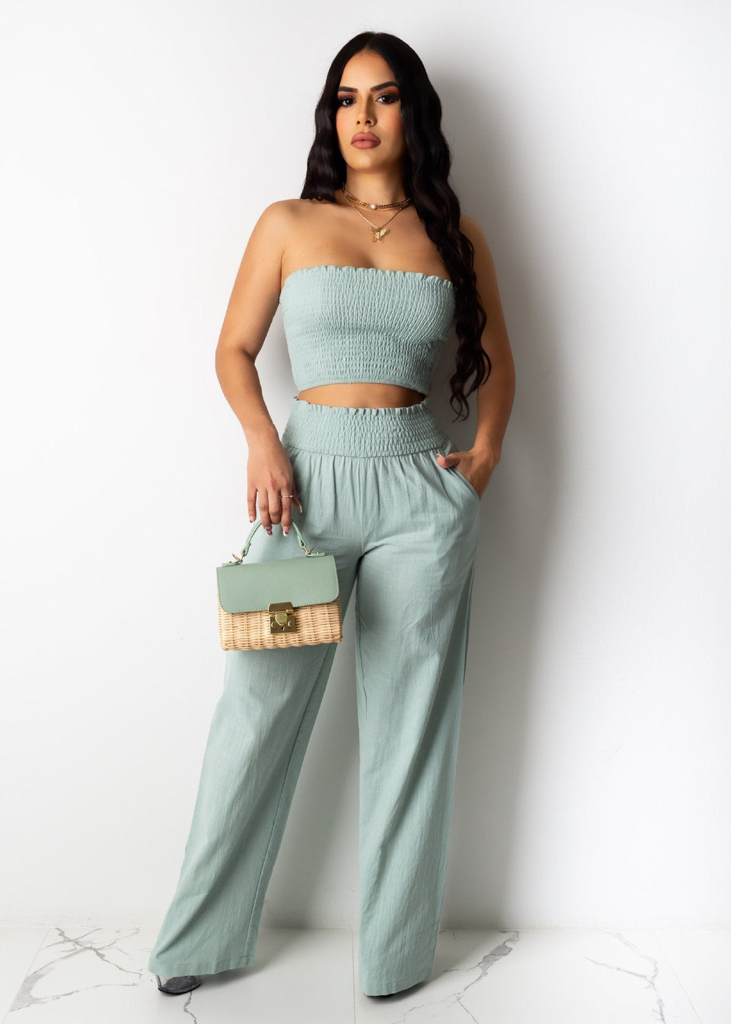 Clothing Pleating Tube Top Two Piece Work Pant Vacation Summer
