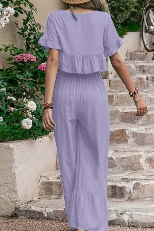 Loose Color Short-sleeved Wide-leg Pants Two-piece Set