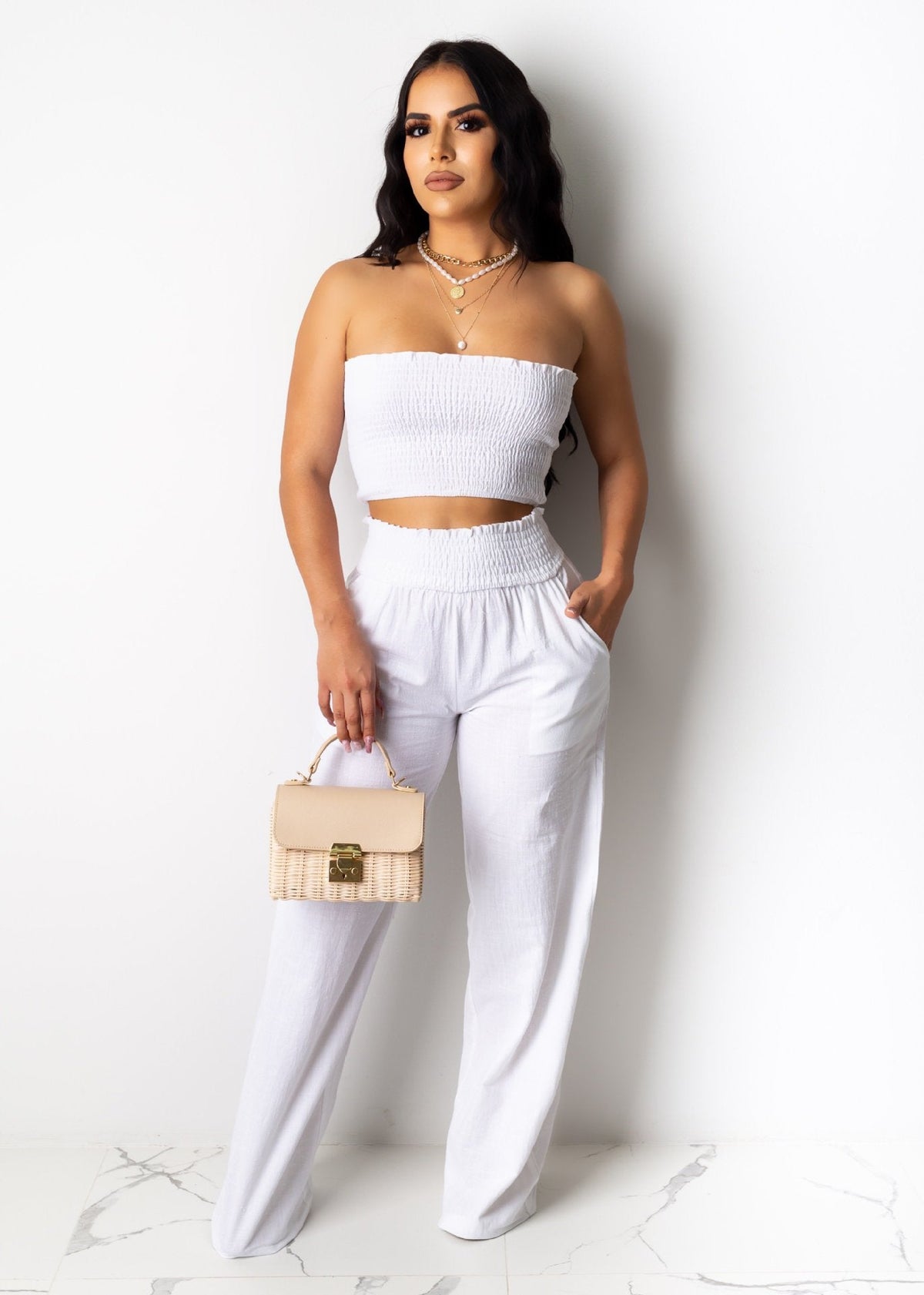 Clothing Pleating Tube Top Two Piece Work Pant Vacation Summer