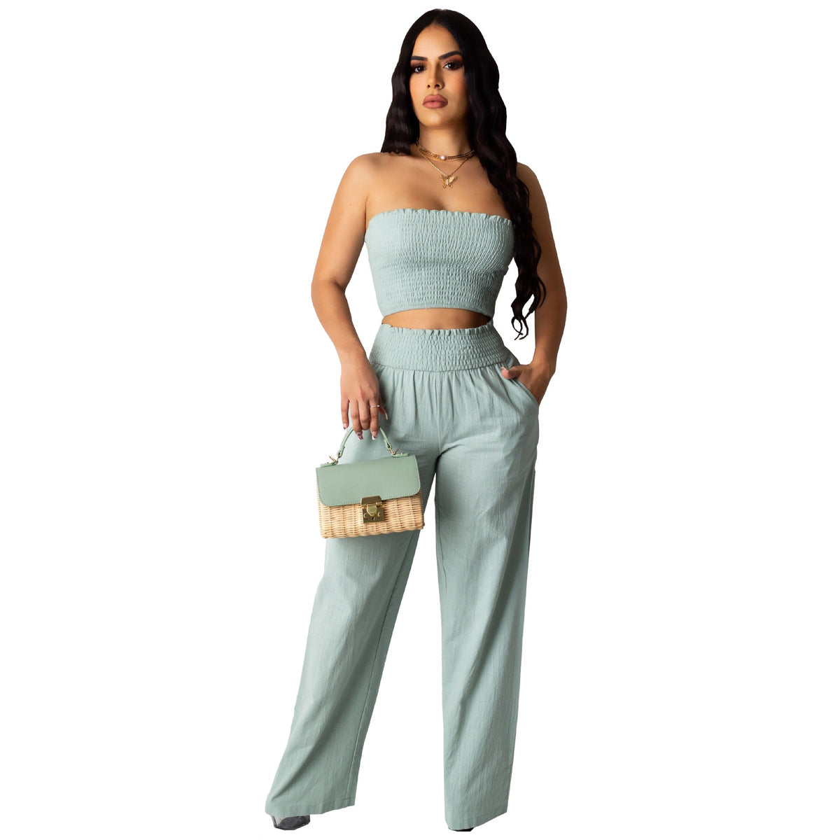 Clothing Pleating Tube Top Two Piece Work Pant Vacation Summer