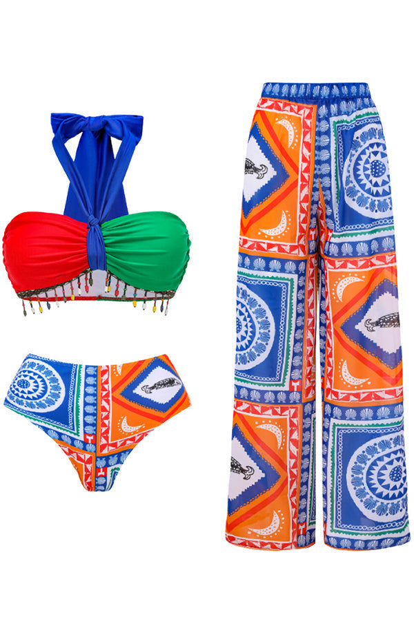 Contrast Mural Print High Waist Bikini and Pants