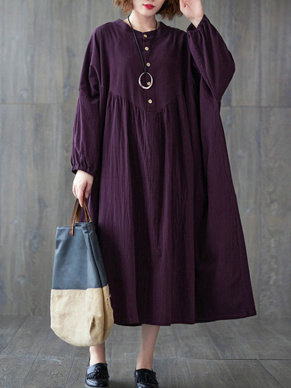 Loose Puff Sleeves Pleated Color Stand Collar Midi Dresses