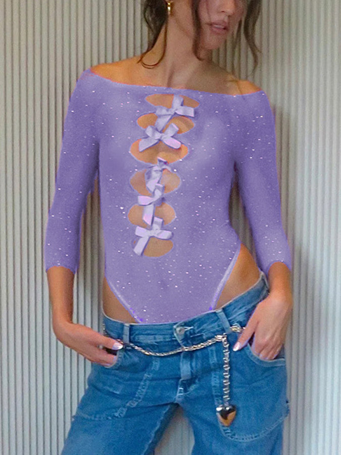 High-elastic Knitted See-through Bow Cutout Jumpsuit