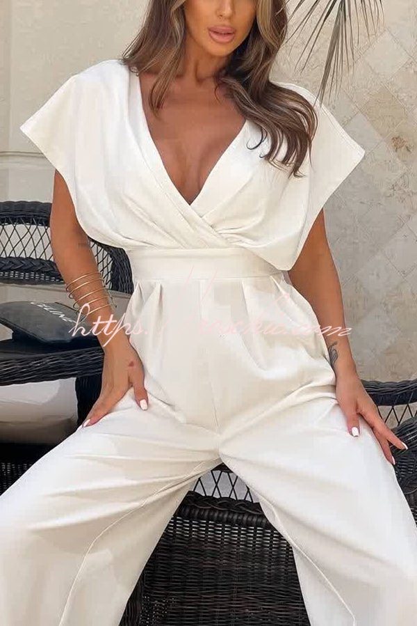 Color V-neck Waist Wide-leg Jumpsuit