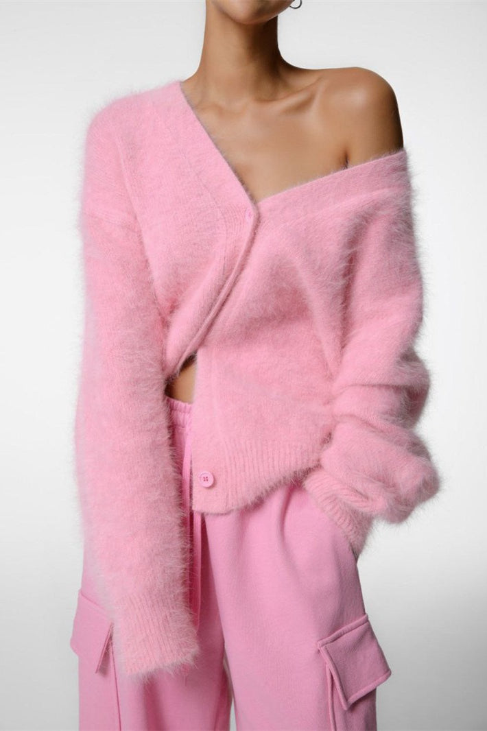 V-neck Fluffy Knit Cardigan Sweater