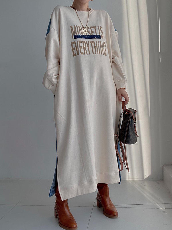 Original Loose Long Sleeves Letter Print Split-side Split-joint Round-neck Midi Dresses