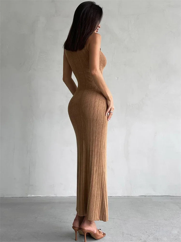 Sleeveless Knitwear Turtleneck Long Dress Female Slim Autumn Ribbed Knit Dress for Maxi Dress
