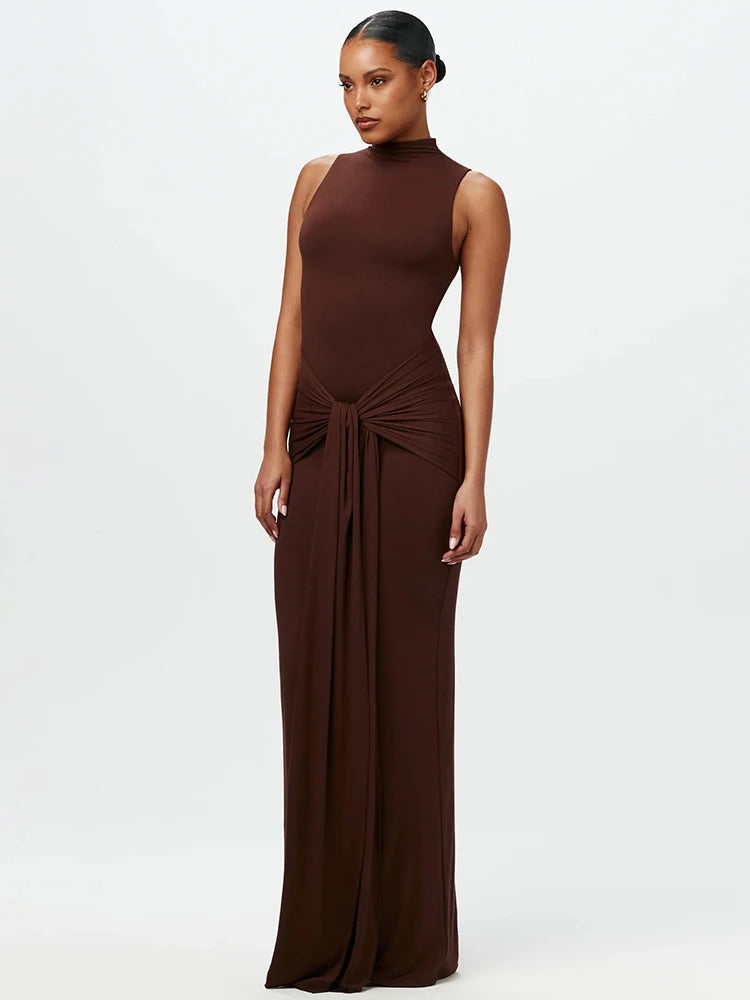 Half High Collar Irregular Tank Dress for New Sleeveless Bodycon Ruched Long Dress