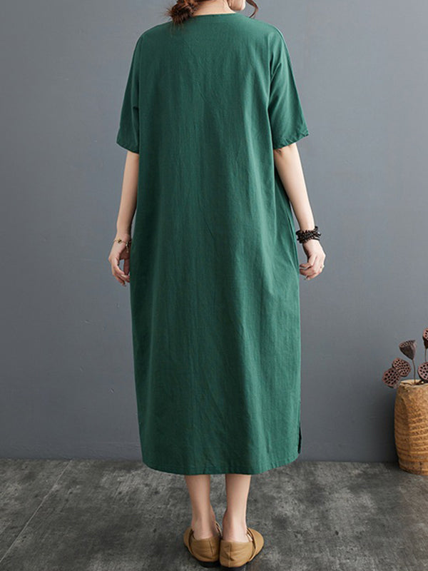 A-line Loose Chinese Frog Buttons Pockets Color Split-side V-neck Midi Dresses