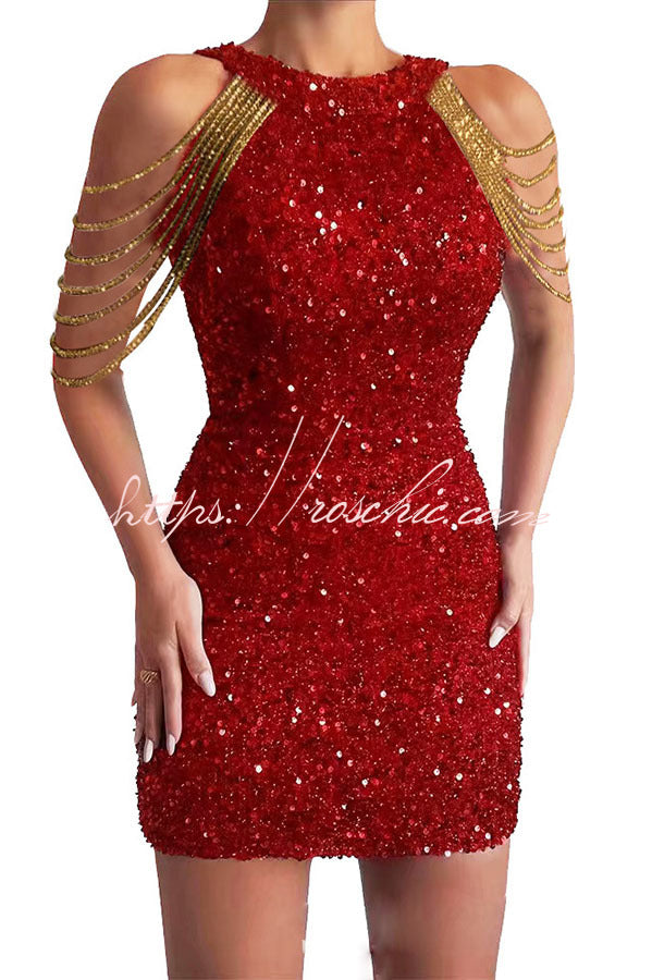 Looking at the Glamorous View Sequin Tassel Shoulder Cocktail Mini Dress
