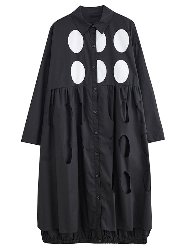 Stylish Long Sleeves A-line Polka Dot Polo Shirt Midi Dresses