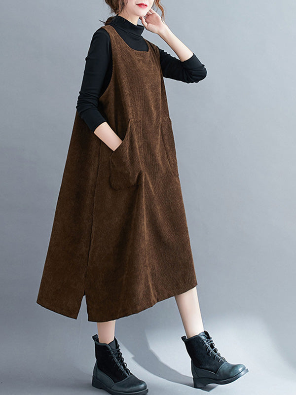 Corduroy Sleeveless Split-joint Round-neck Midi Dress