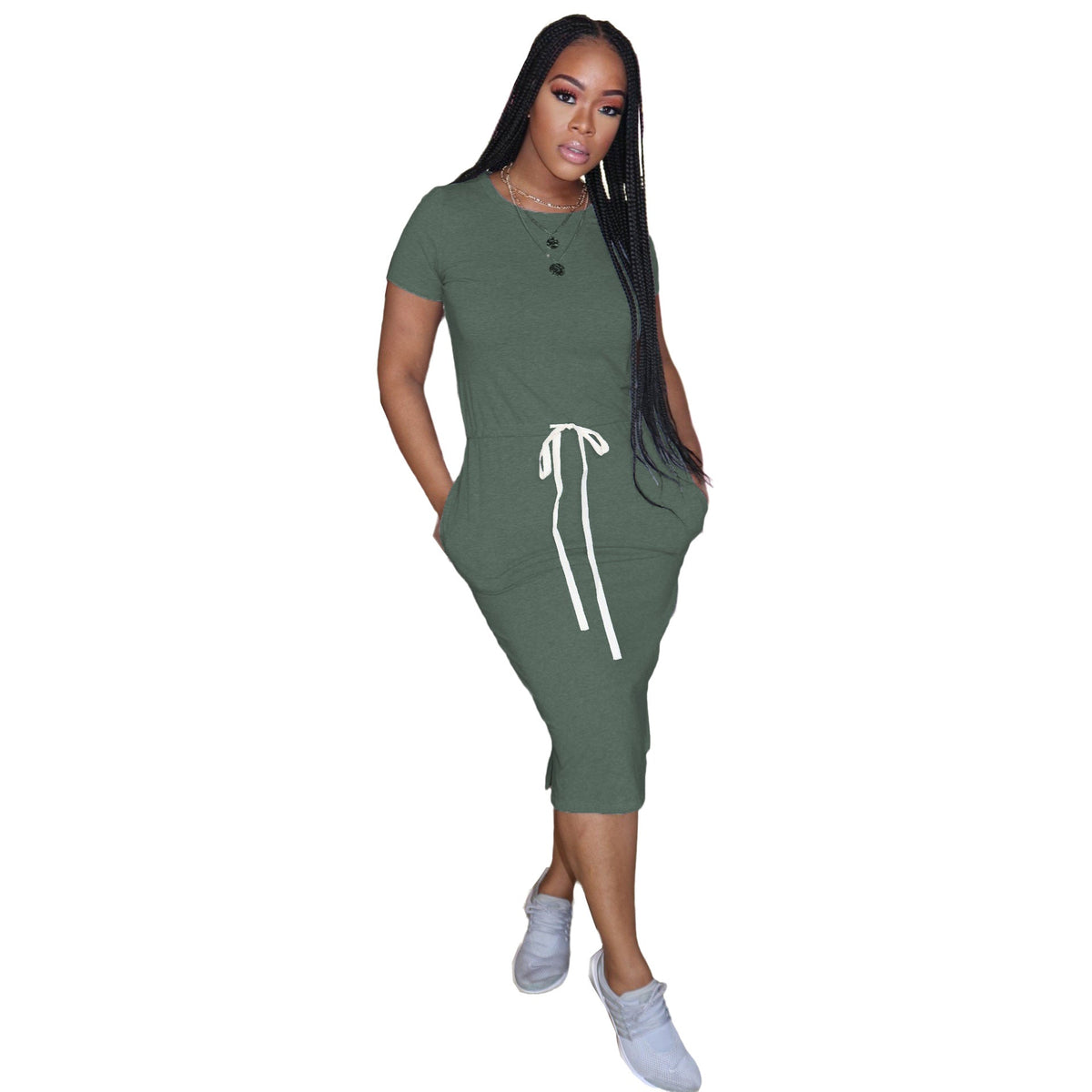 Dress Basic Elastic Waist Short Sleeve Color T Shirt Midi Dress