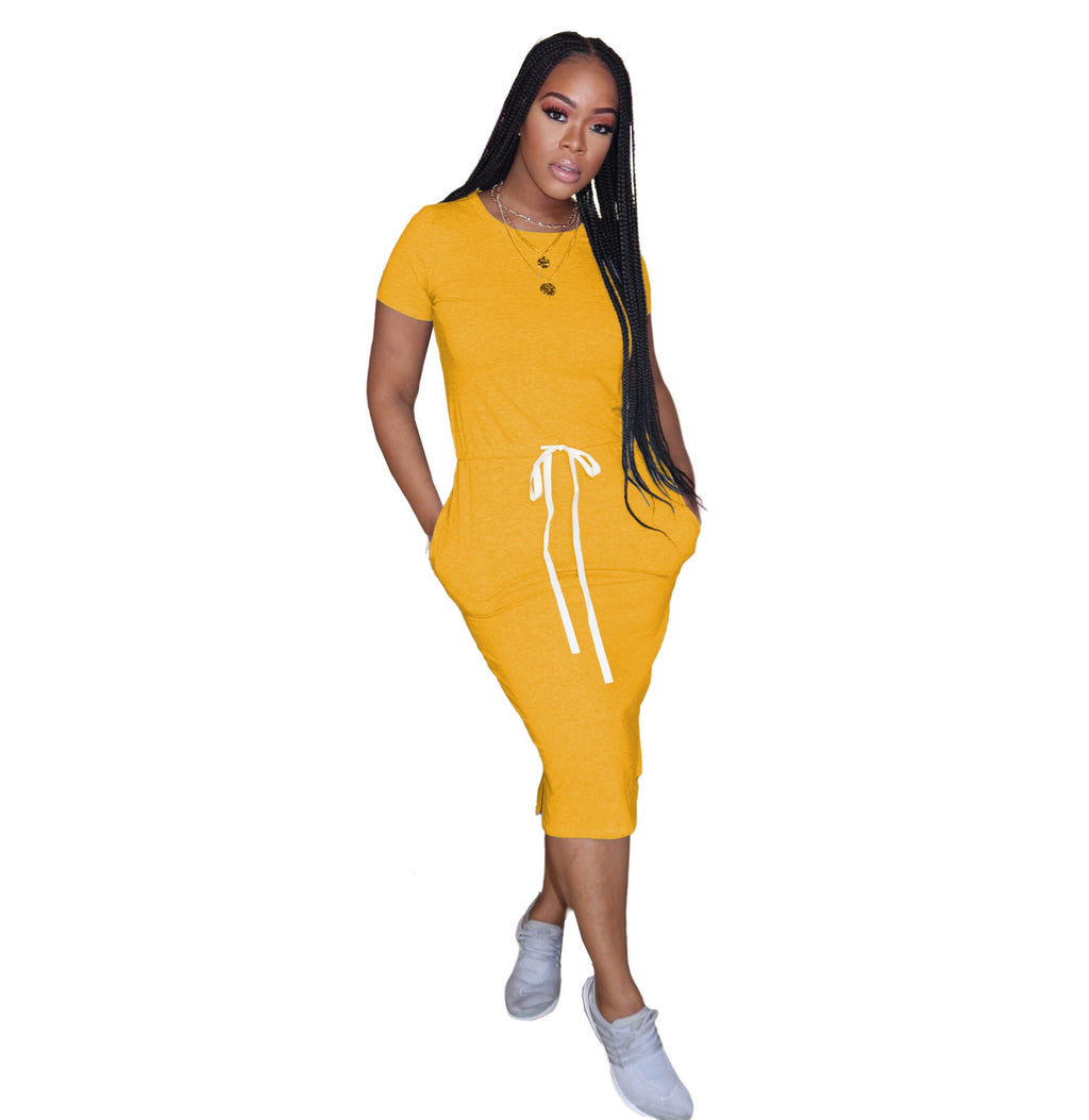 Dress Basic Elastic Waist Short Sleeve Color T Shirt Midi Dress