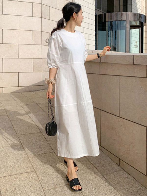 Round-neck Bishop Sleeve Loose Color Midi Dress