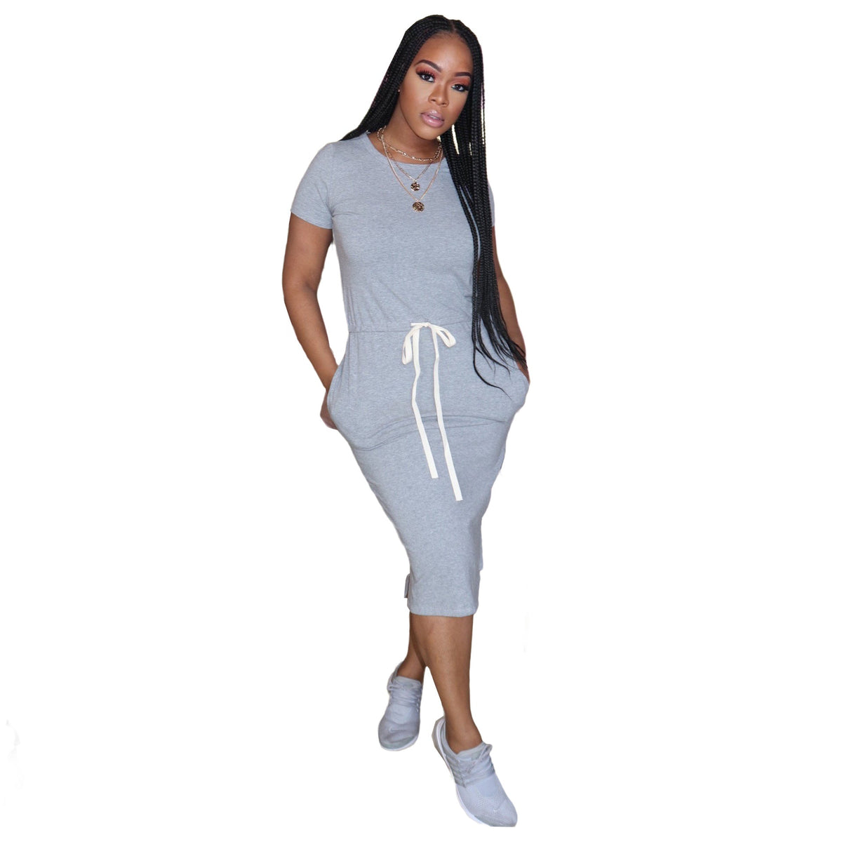 Dress Basic Elastic Waist Short Sleeve Color T Shirt Midi Dress