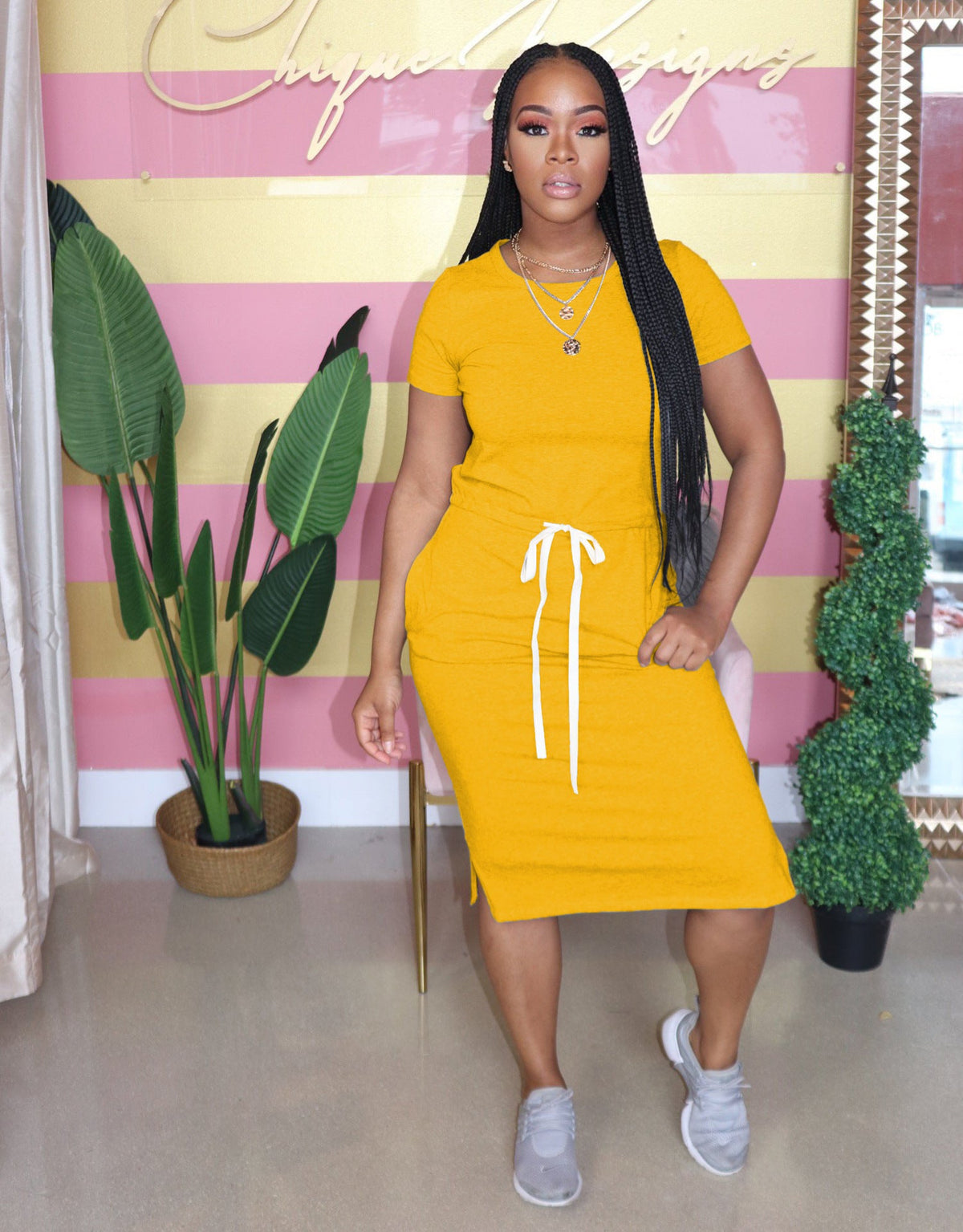 Dress Basic Elastic Waist Short Sleeve Color T Shirt Midi Dress