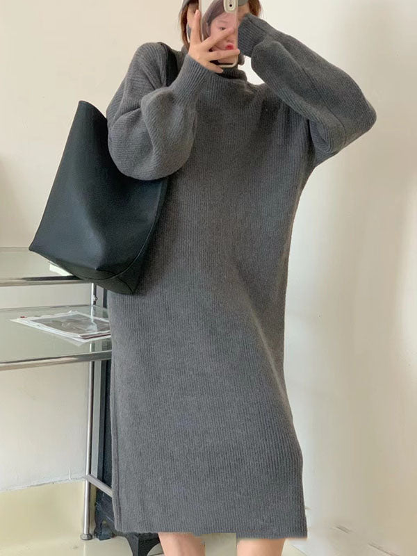 Long Sleeves Loose Color High Neck Midi Dresses Sweater Dresses