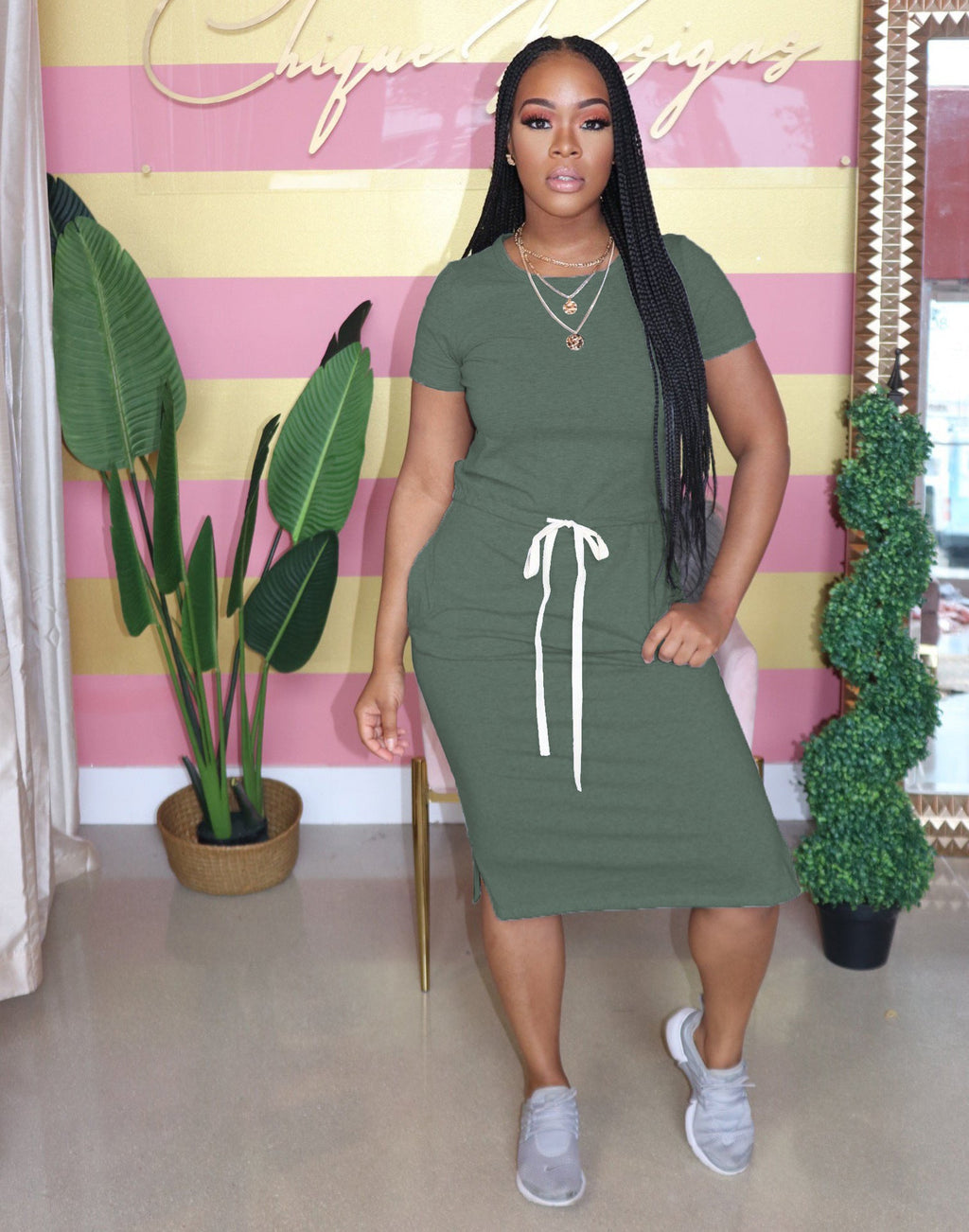 Dress Basic Elastic Waist Short Sleeve Color T Shirt Midi Dress