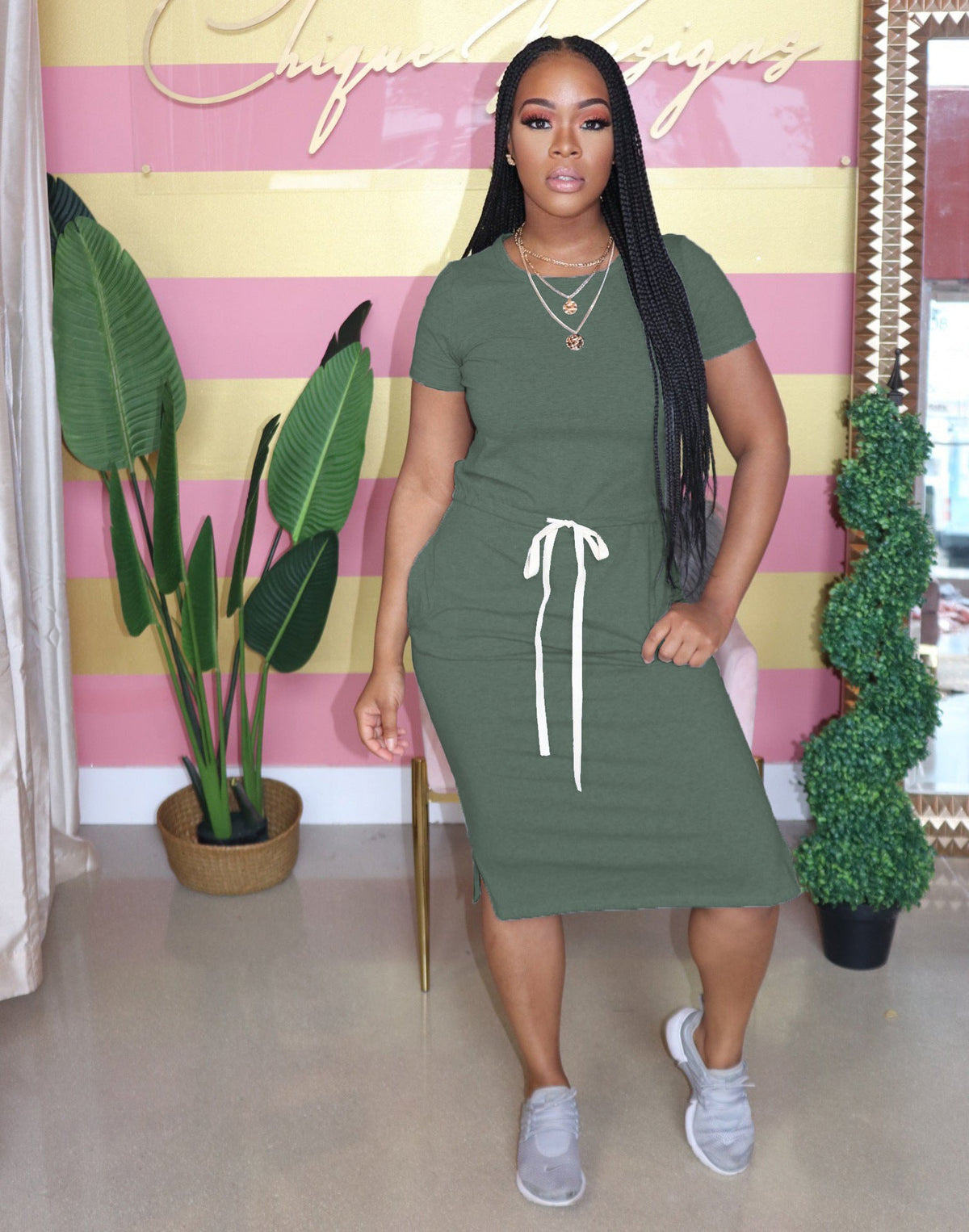 Dress Basic Elastic Waist Short Sleeve Color T Shirt Midi Dress