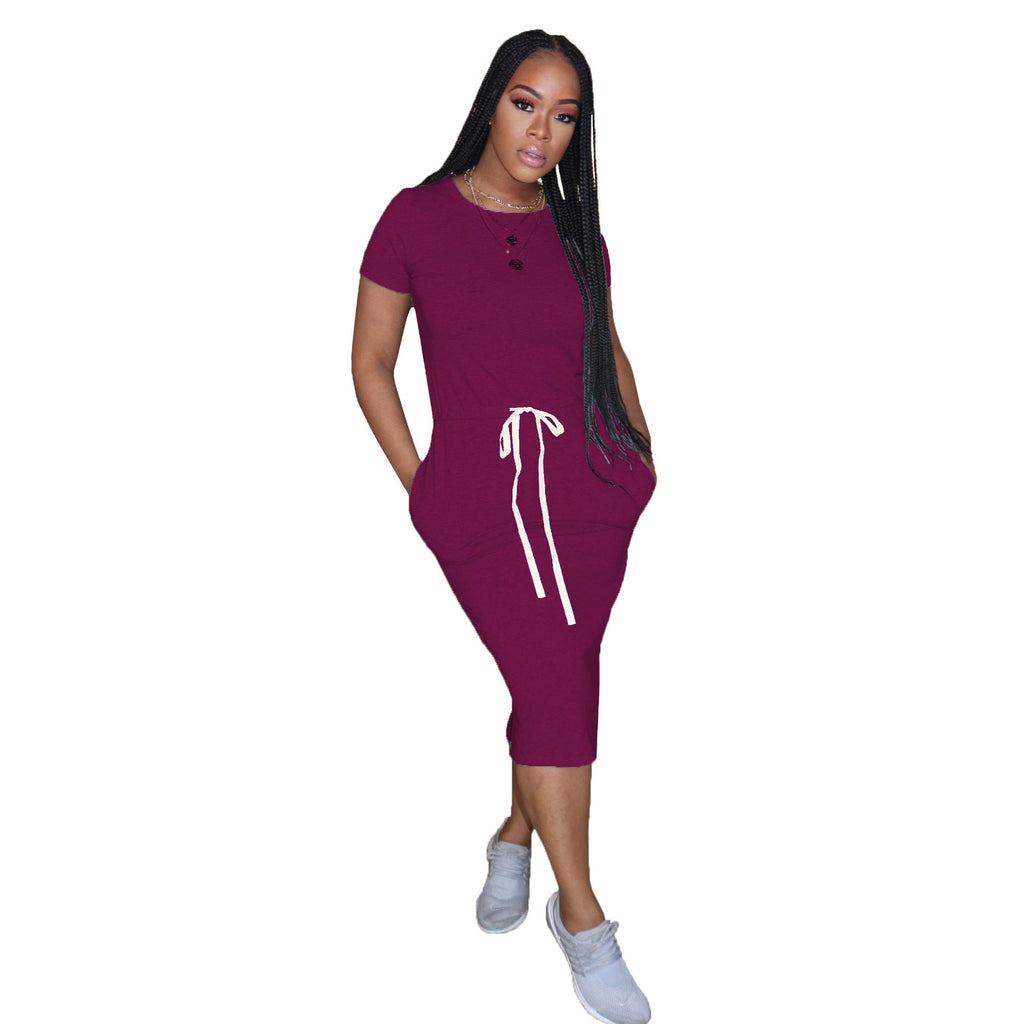 Dress Basic Elastic Waist Short Sleeve Color T Shirt Midi Dress