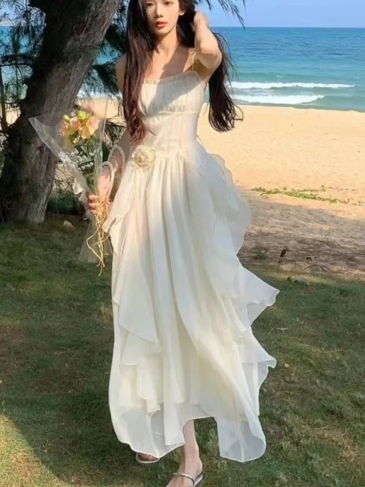 Irregular Ruffles Midi Dress New Summer Spaghetti Strap Beach Vocation Korean Female Vestidos
