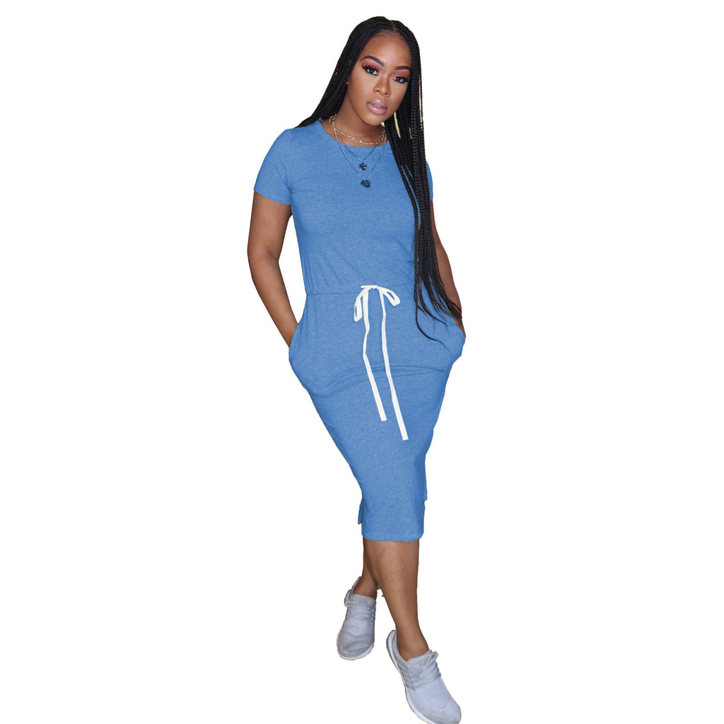 Dress Basic Elastic Waist Short Sleeve Color T Shirt Midi Dress