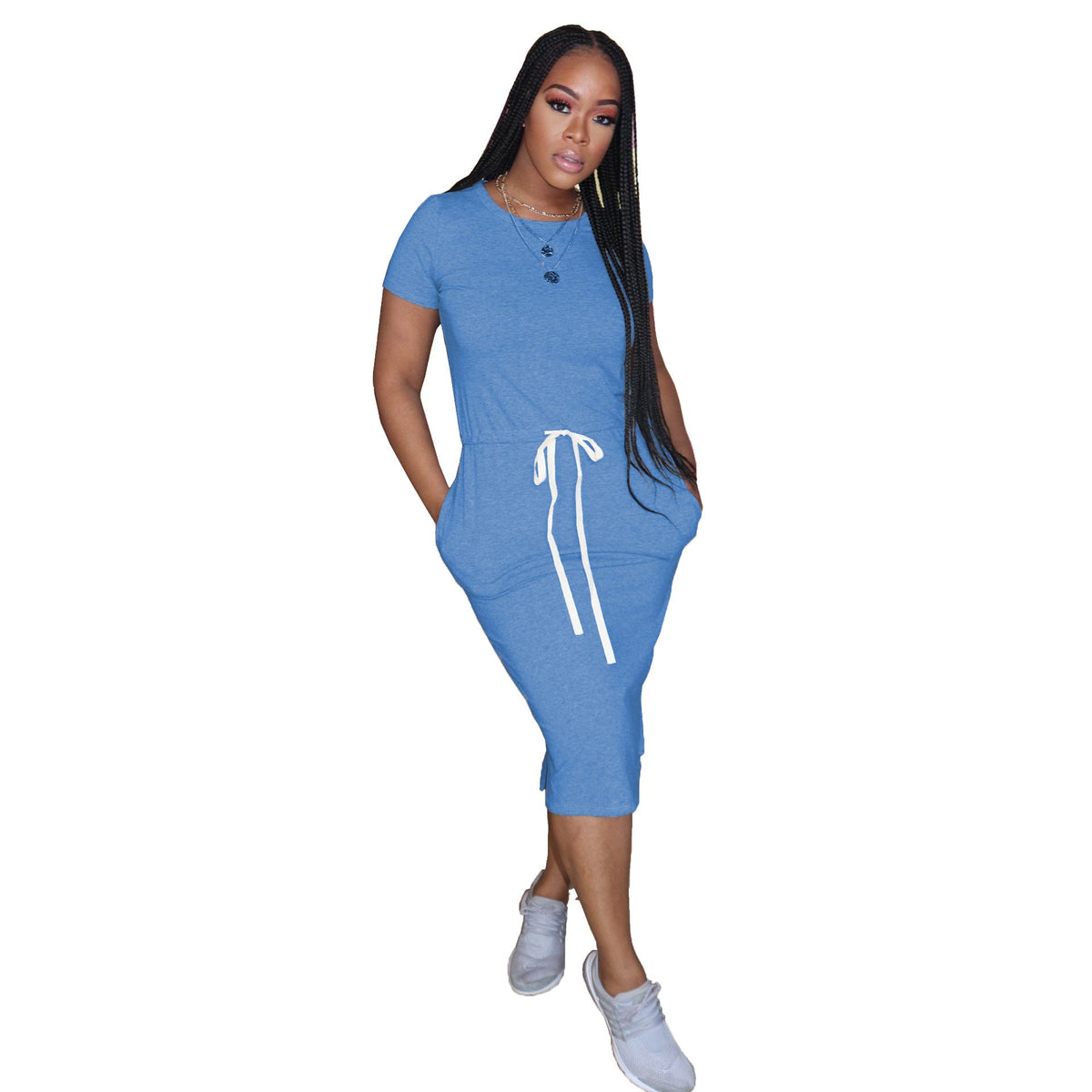 Dress Basic Elastic Waist Short Sleeve Color T Shirt Midi Dress