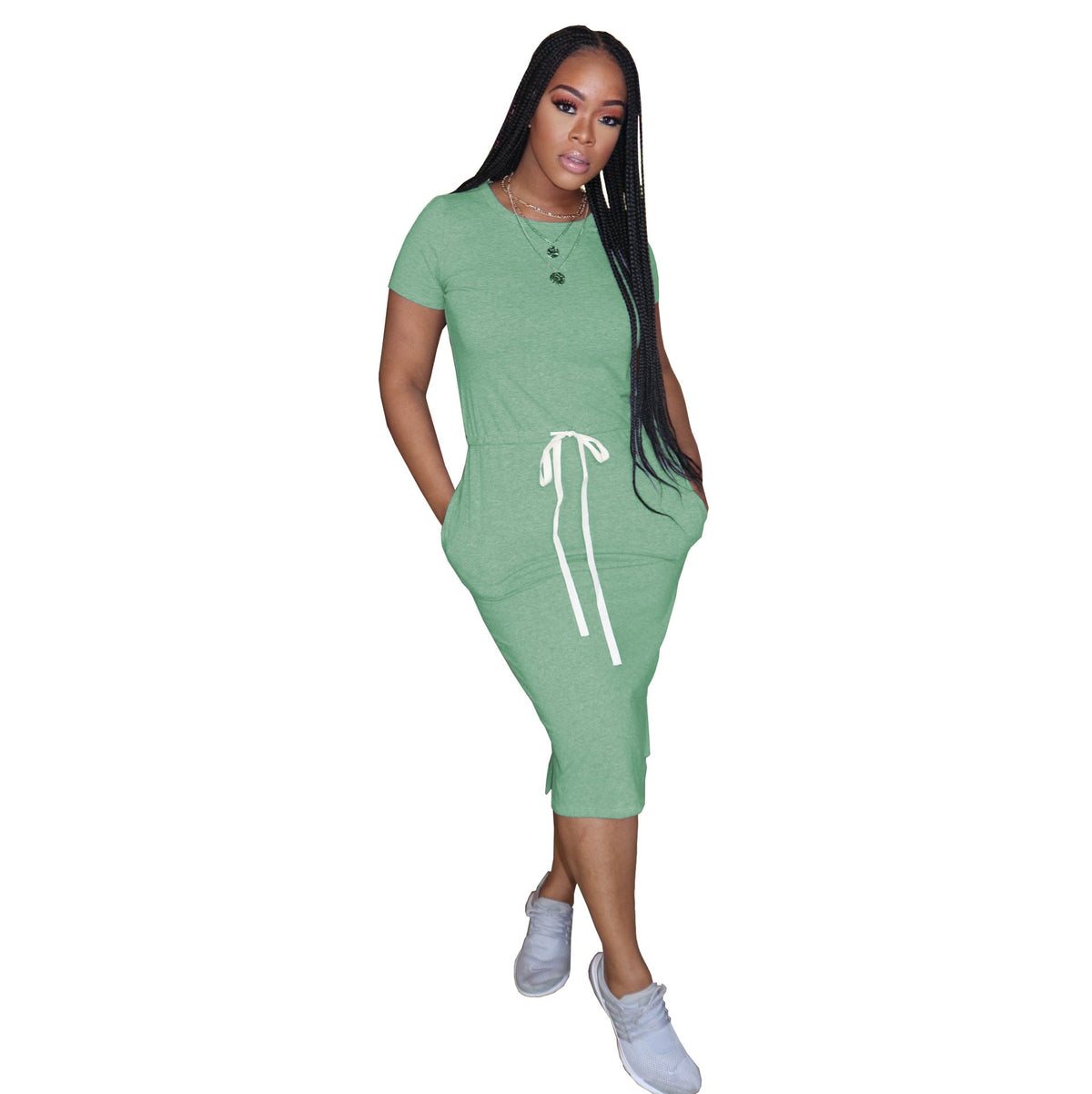 Dress Basic Elastic Waist Short Sleeve Color T Shirt Midi Dress